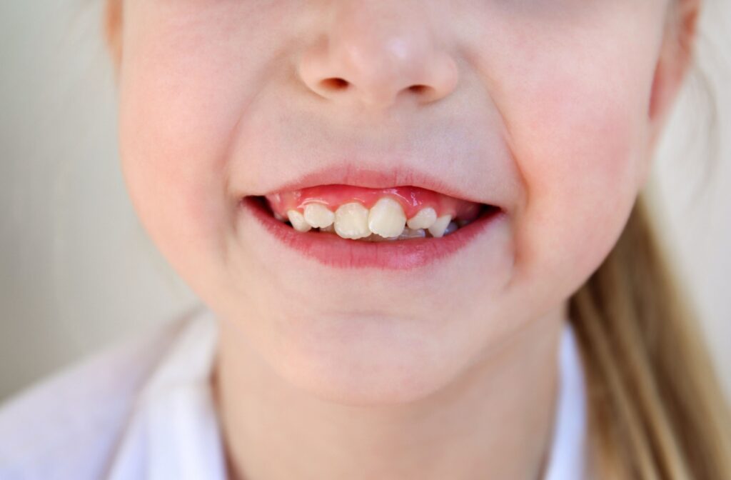 Up close image of young girl's crooked front teeth.
