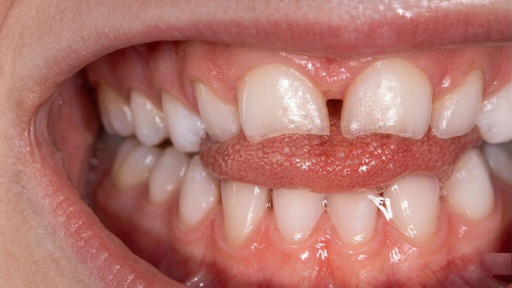 Up close image of a child's mouth with open bite and tongue protruding.