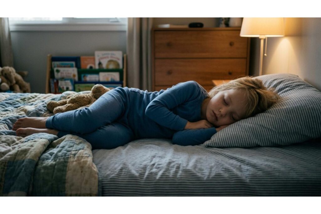 A young child in soft blue pajamas sleeps soundly in a cozy bed with a striped pillow and a teddy bear, promoting a calm and healthy environment for restorative sleep.