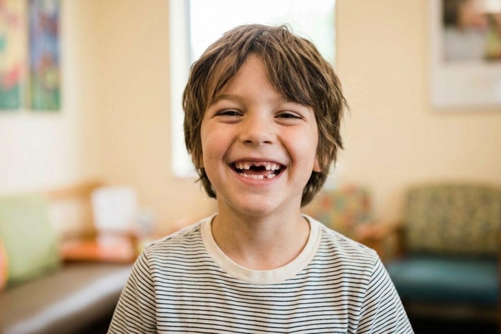 Child smiling broadly indoors, showing missing front teeth, wearing a striped shirt, with a blurred waiting room in the background.