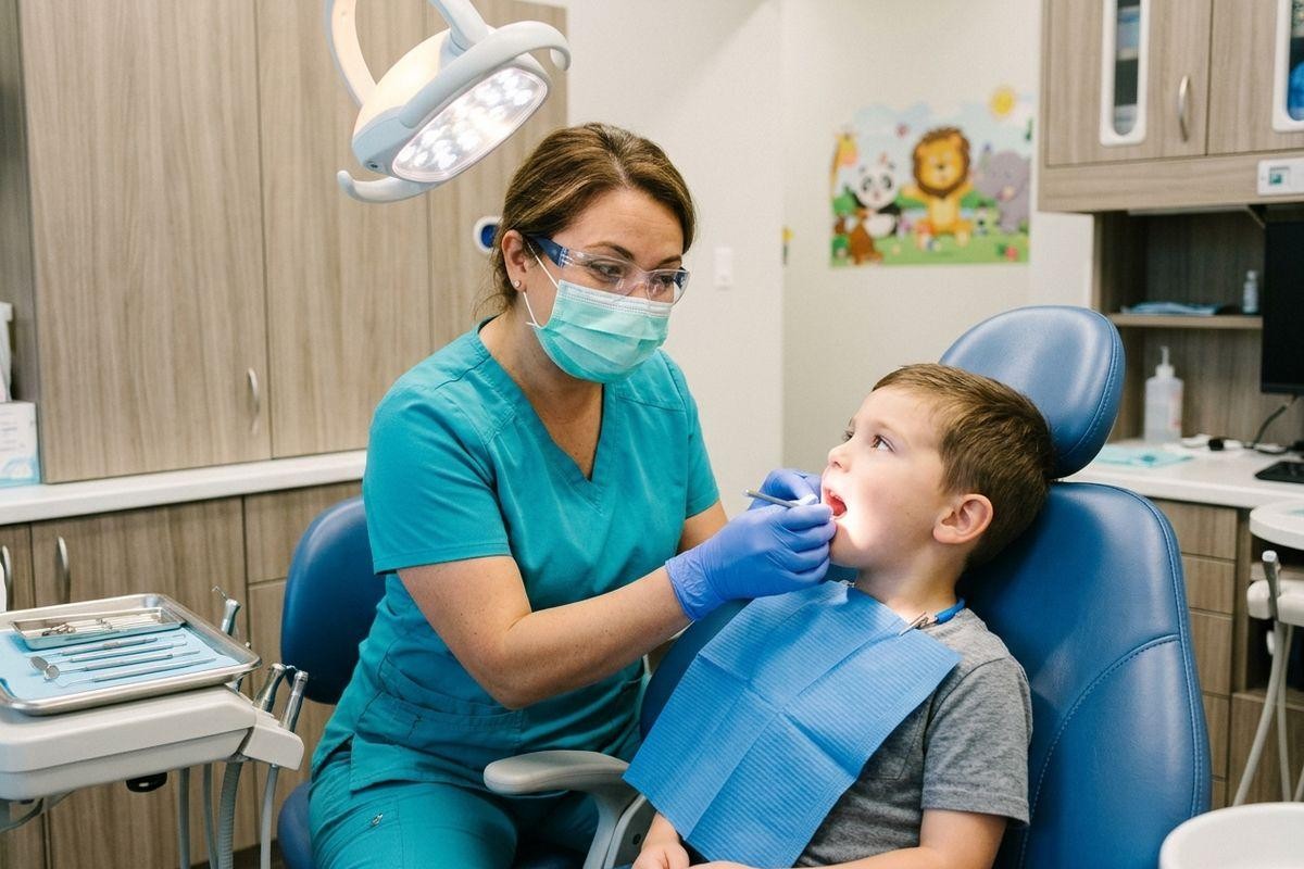 Dentist examining a child's open mouth in a dental chair, using a tool and light, with a tray of instruments nearby.