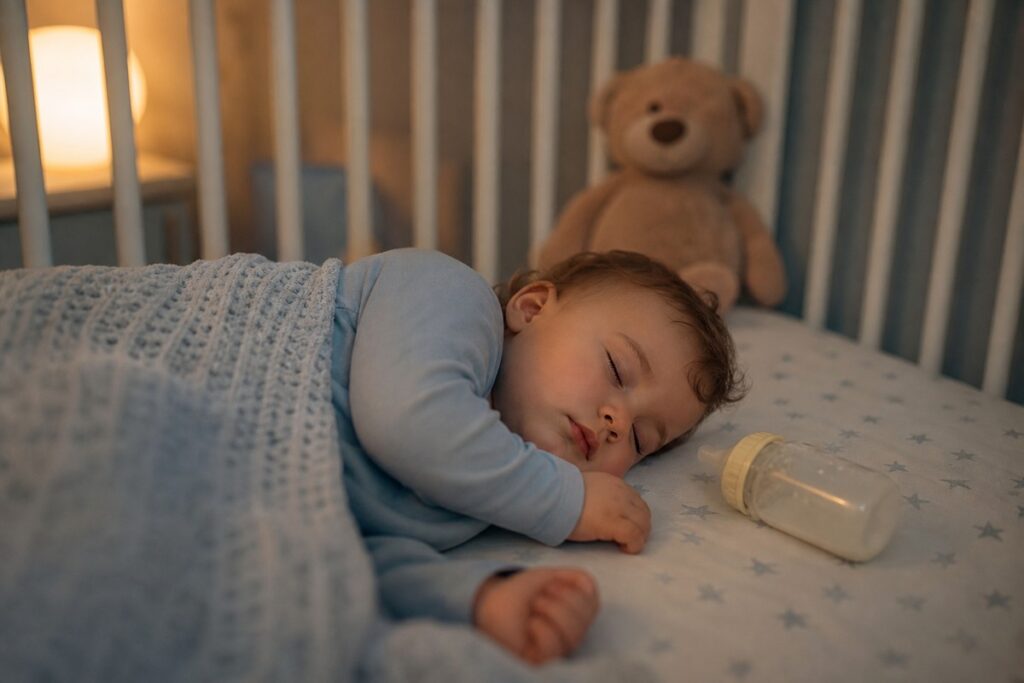 Baby sitting upright with a bottle nearby, with a soft toothbrush and cup ready for a simple oral care routine.