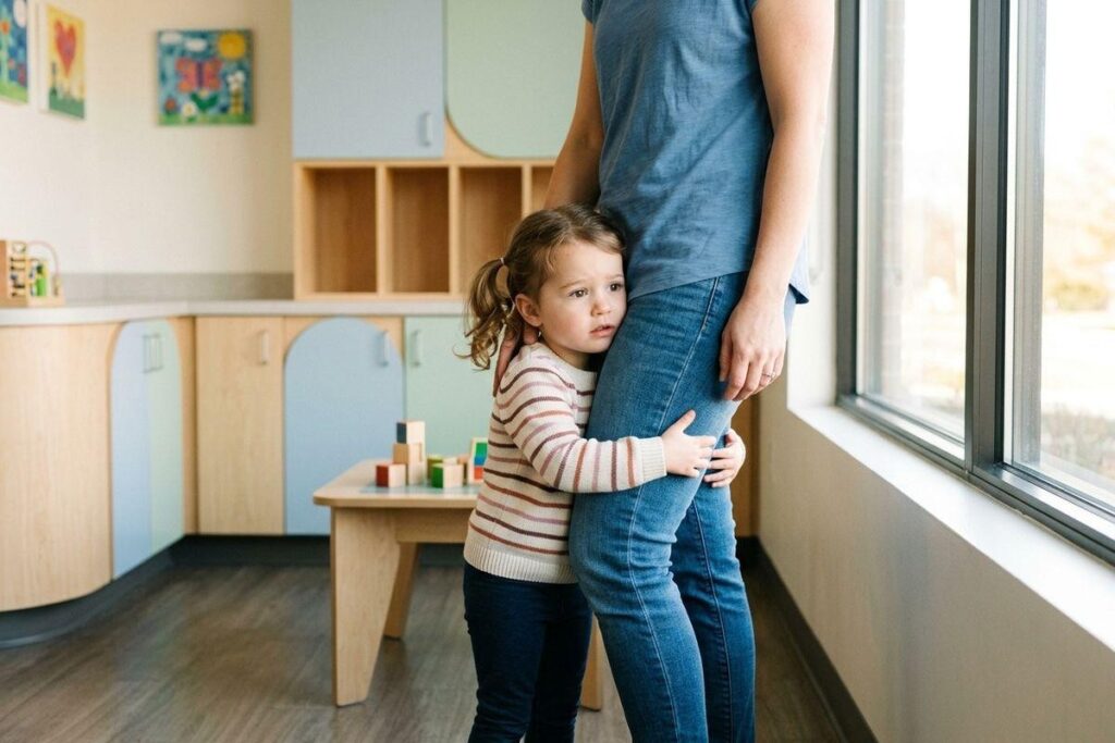 Child hugging an adult's leg in a playroom, looking worried, with wooden blocks on a table nearby.